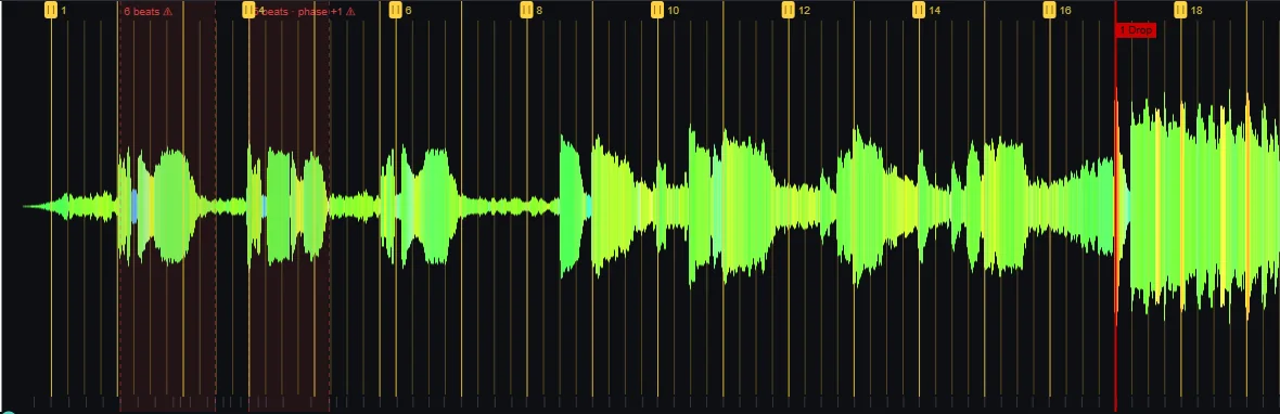 Waveform with two red-shaded bands marking solved beat counts across drumless breakdowns.