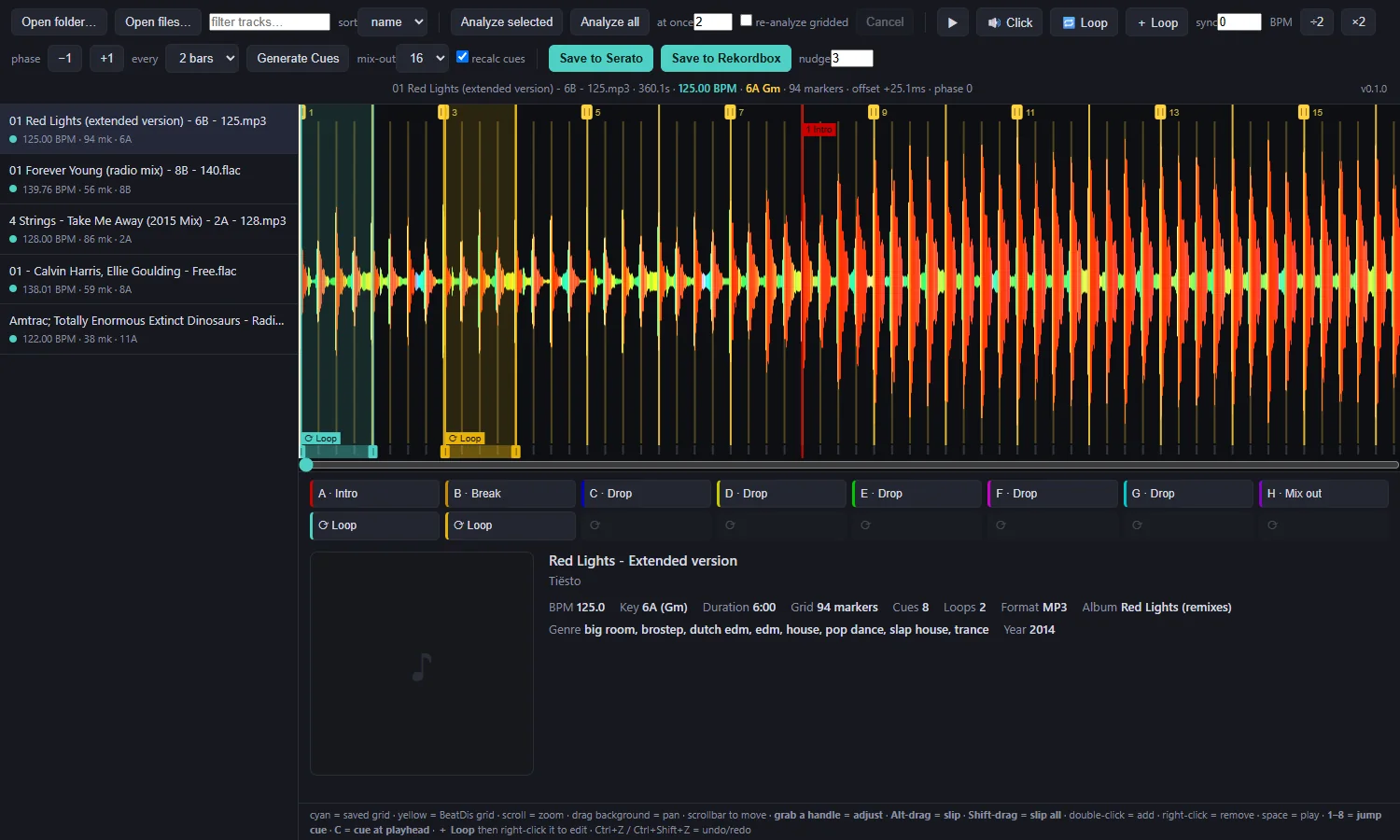 The Beatdis editor: a track library on the left, a frequency-coloured waveform with a yellow beatgrid overlay and coloured cue markers, cue buttons A to H and track details below.